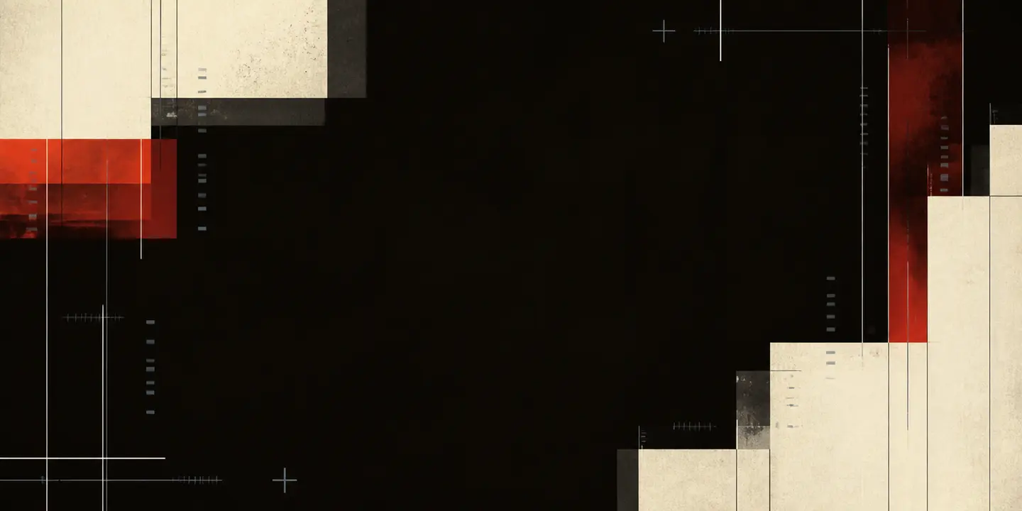 Offset projection-white and red shapes forming an abstract title-sequence frame on cinema black
