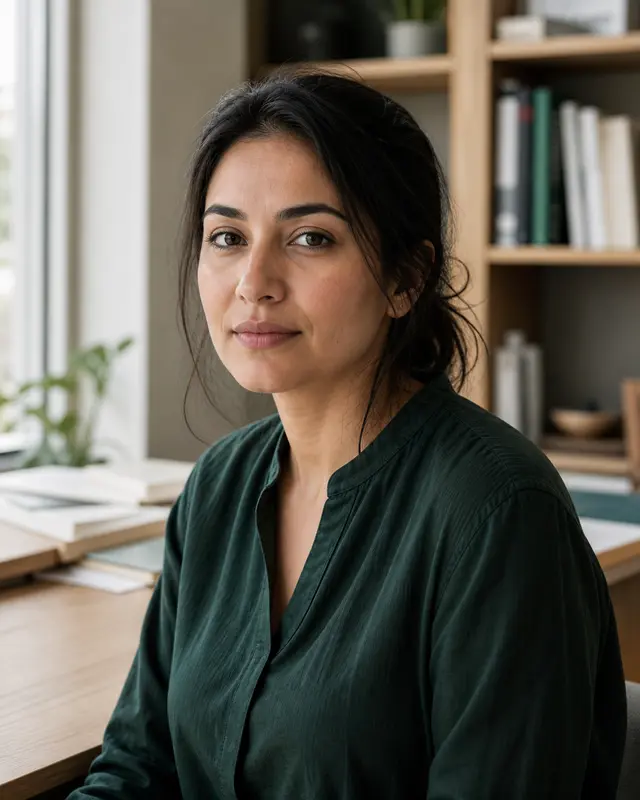 Portrait of Amara Iqbal in a daylight research workspace.