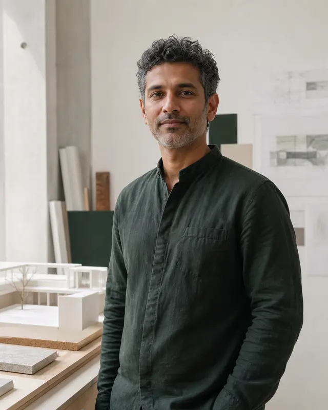 Portrait of Arin Sen in an architectural studio with models and materials.