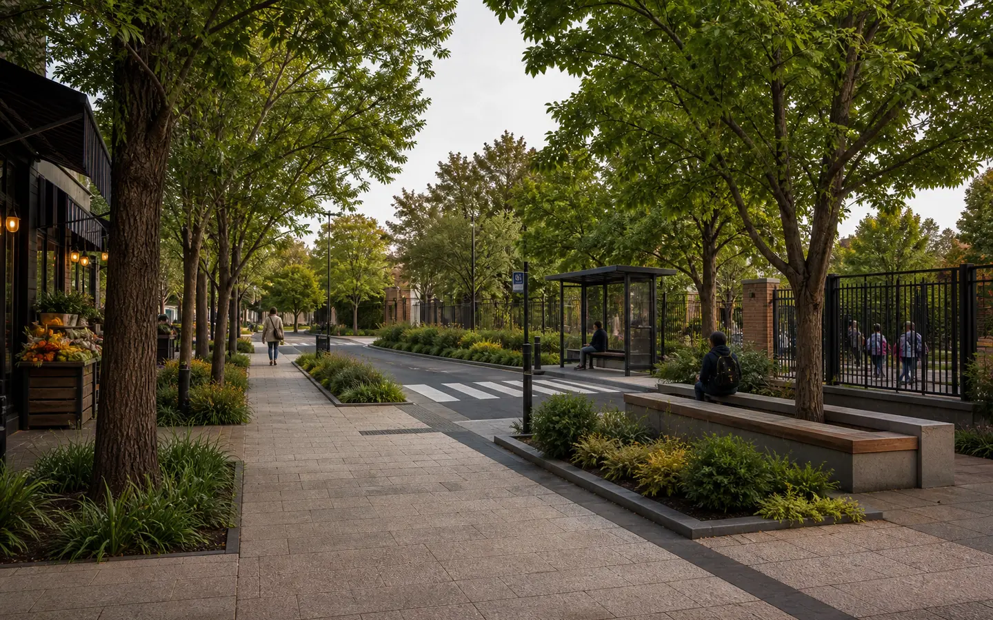 Shaded fictional public route with seating, rain gardens, and a raised crossing