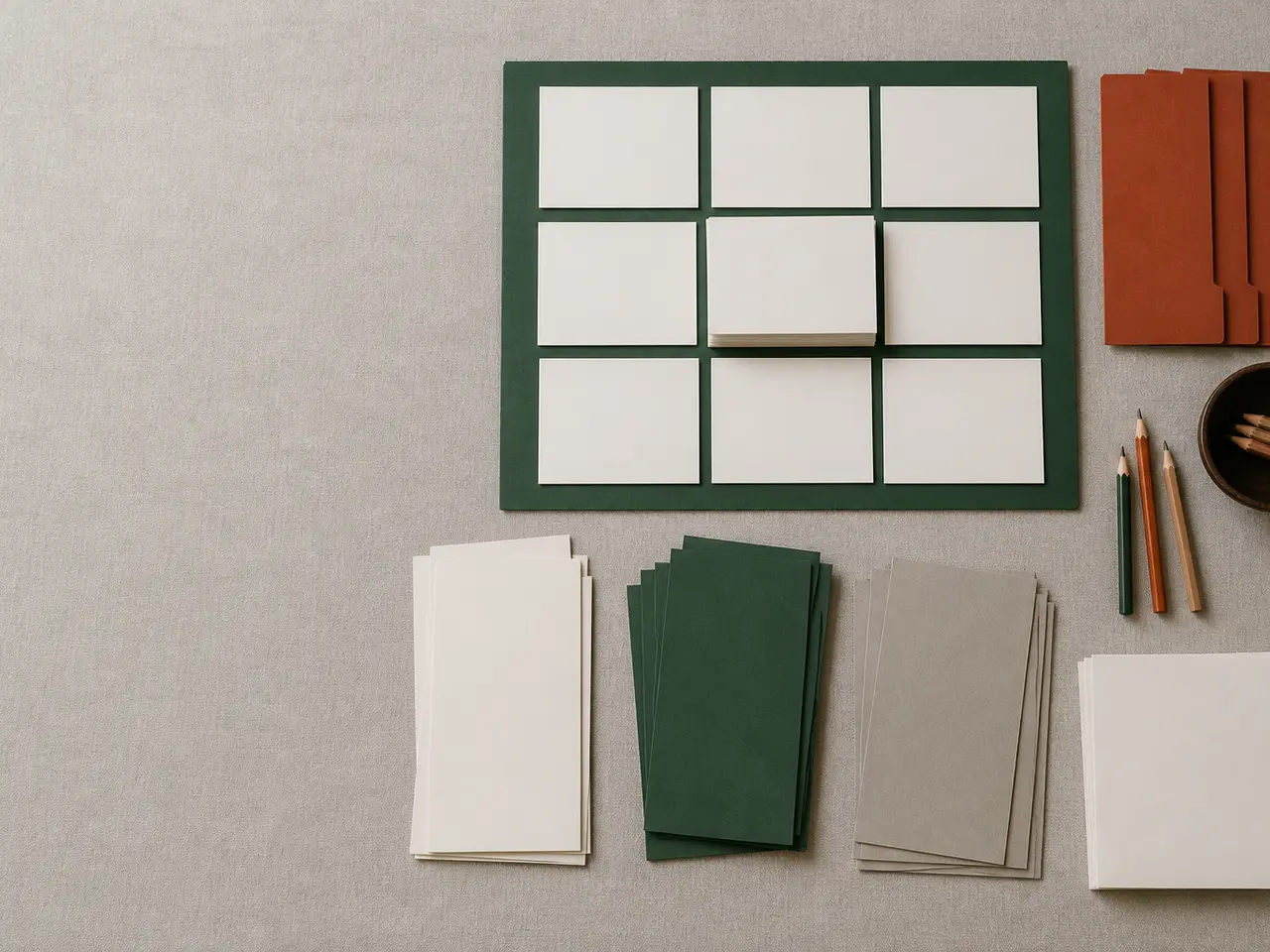 Blank curriculum cards and facilitator tabs arranged as a modular learning sequence