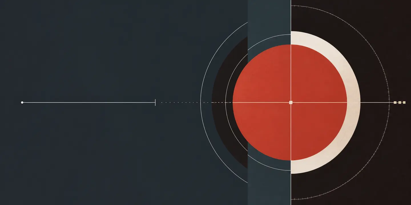 Warm circular signal form crossing a cool slate field in an abstract motion-identity frame