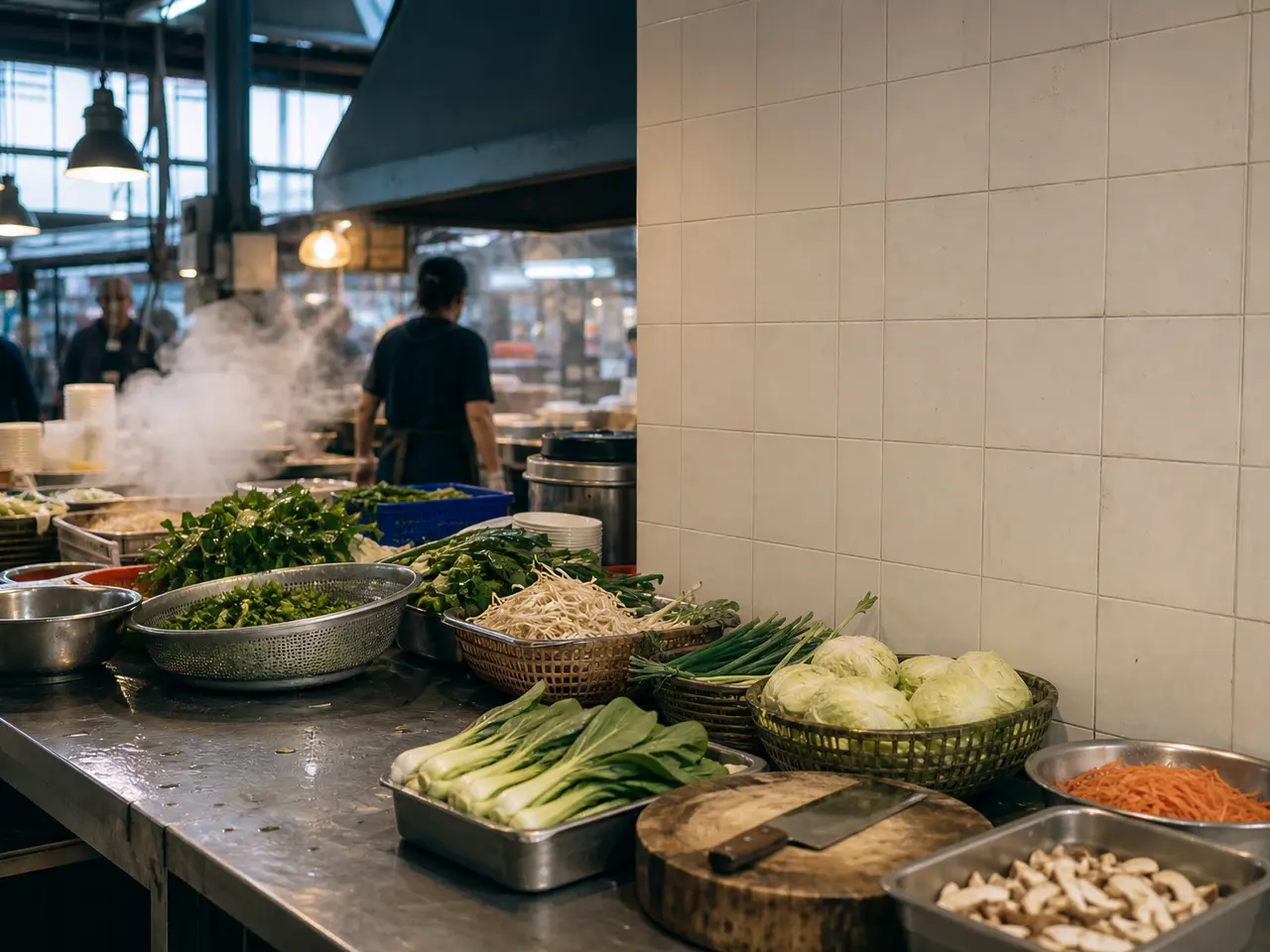 Prepared vegetables and utensils in a fictional covered market before opening