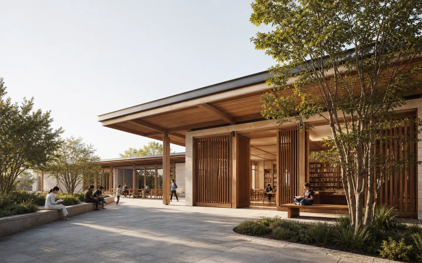 Contemporary community library with timber screens and a shaded public courtyard
