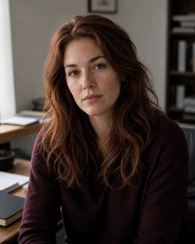 Portrait of Elena Ward at a calm editorial reporting desk.