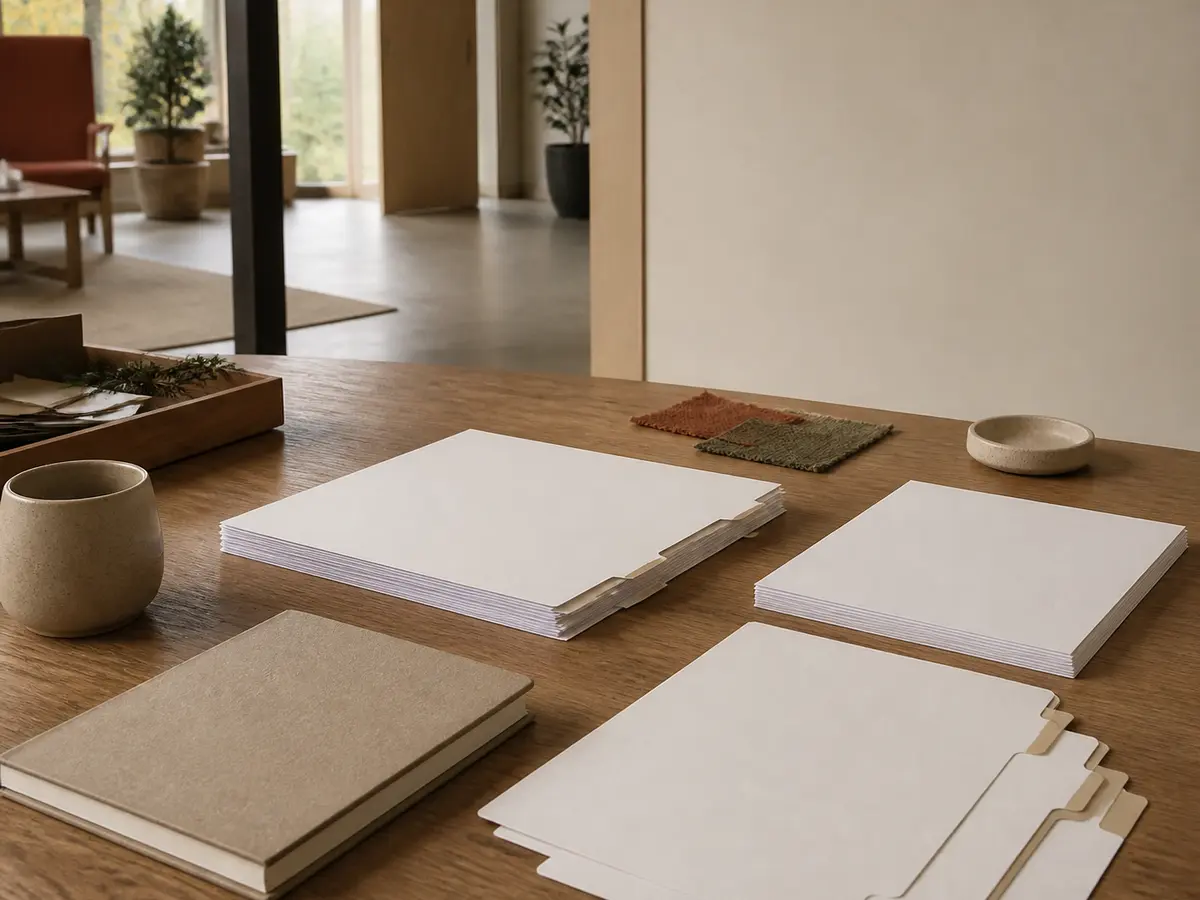 Blank evidence-brief sheets, paper tabs, and a closed notebook on a restrained worktable