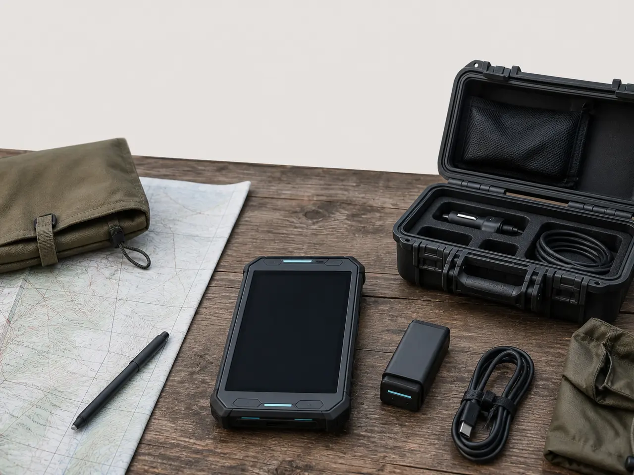 Unbranded offline field-capture kit arranged with a weather-safe case and paper map shapes