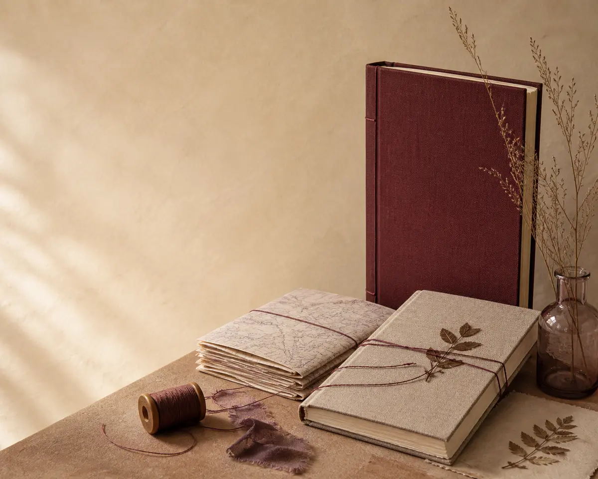 Warm still life of clothbound field journals, folded map paper, thread, and pressed leaf silhouettes