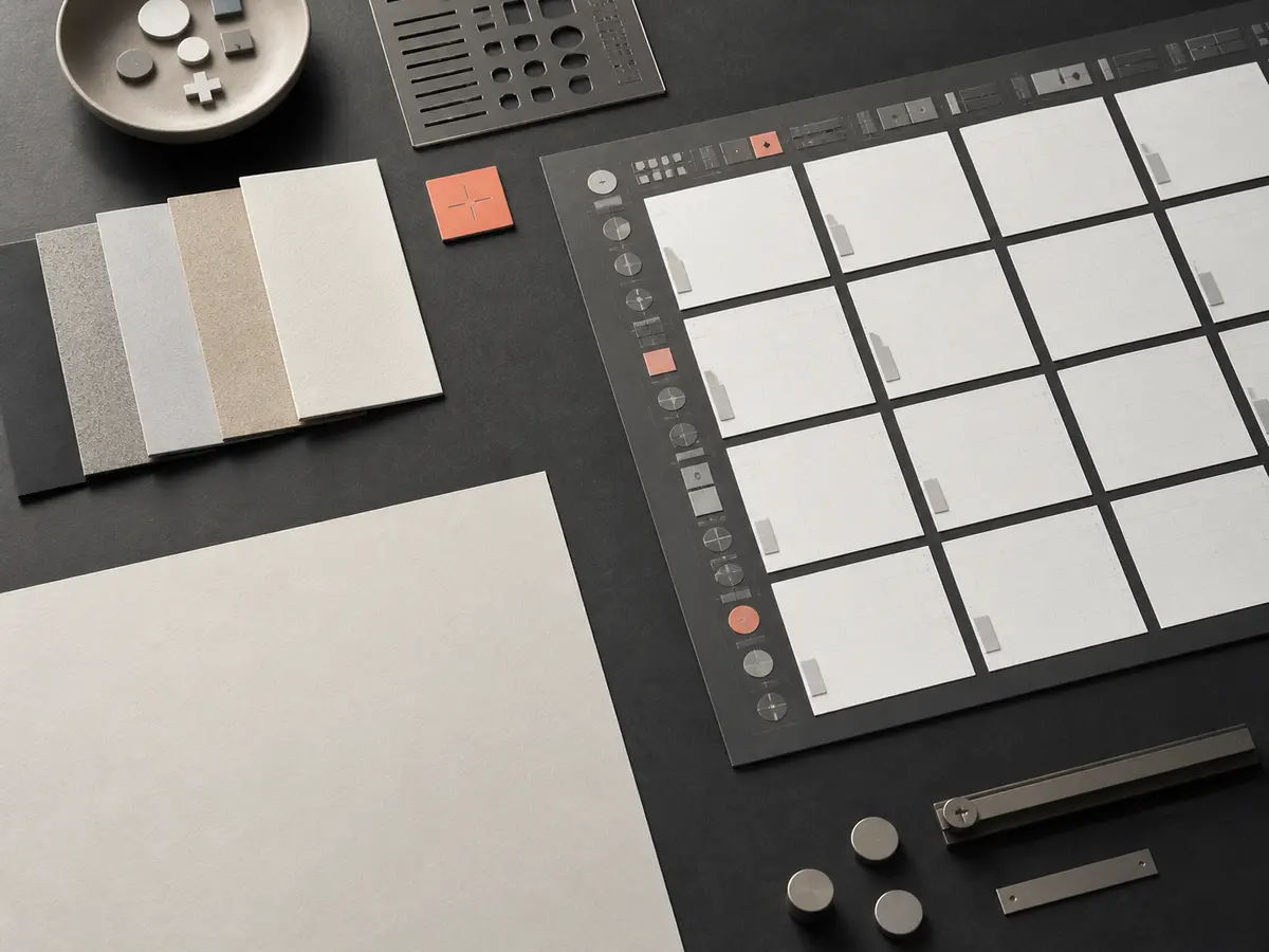 Blank component-audit cards beside spacing markers and neutral material samples