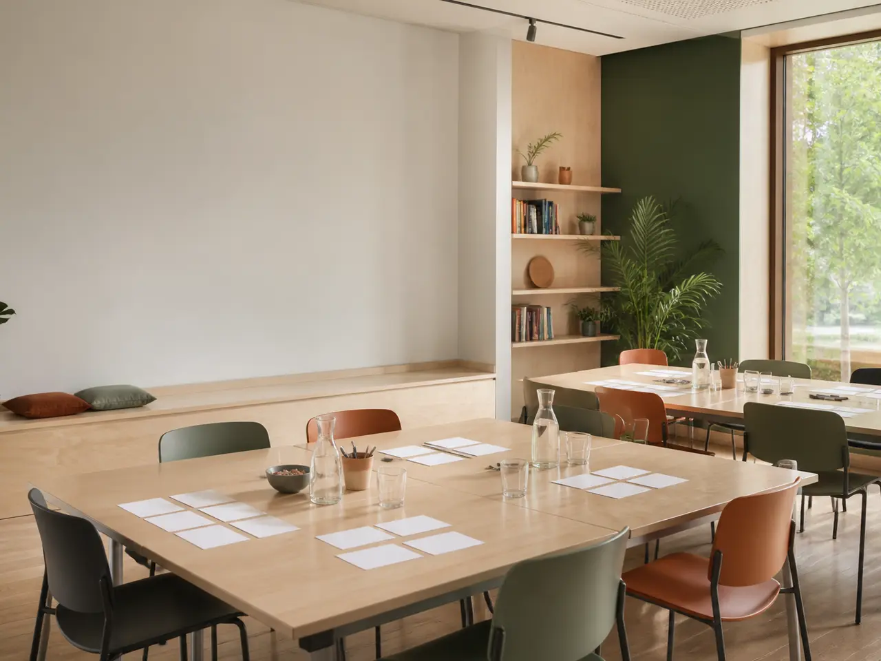 Quiet community-library learning room prepared with movable tables and blank workshop cards