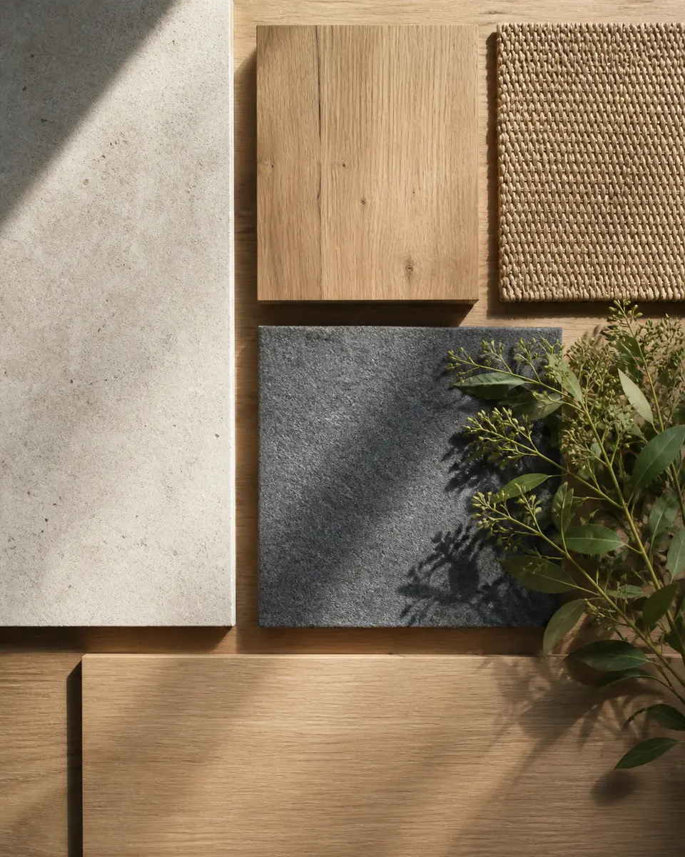 Timber, acoustic felt, pale stone, woven shade, and planting arranged as a workspace material study