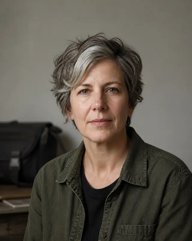 Portrait of Mara Ellison in an understated documentary photography studio.