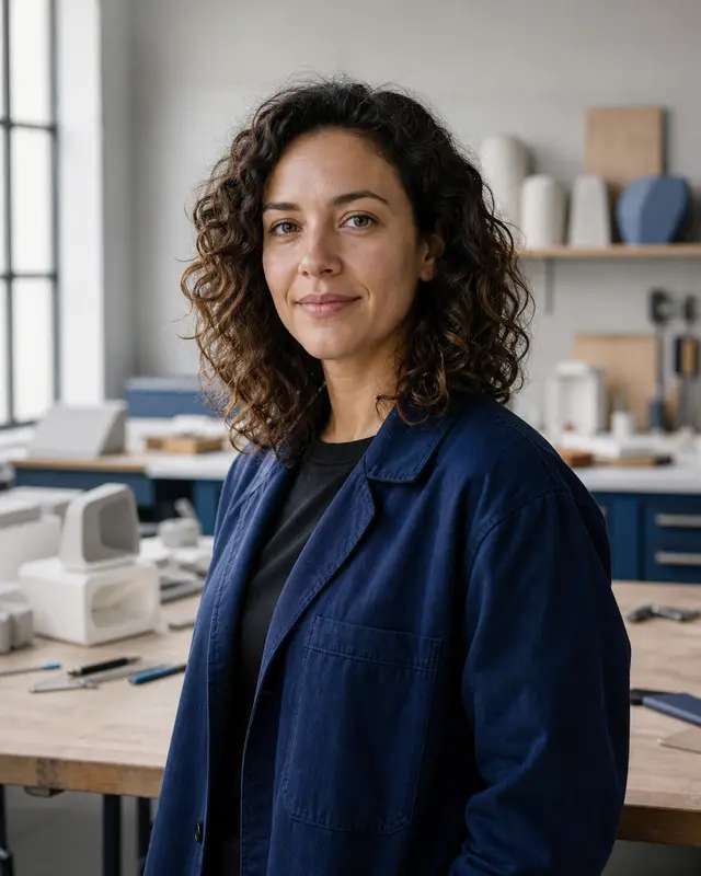 Portrait of Nia Calder in a modern product-design workshop.