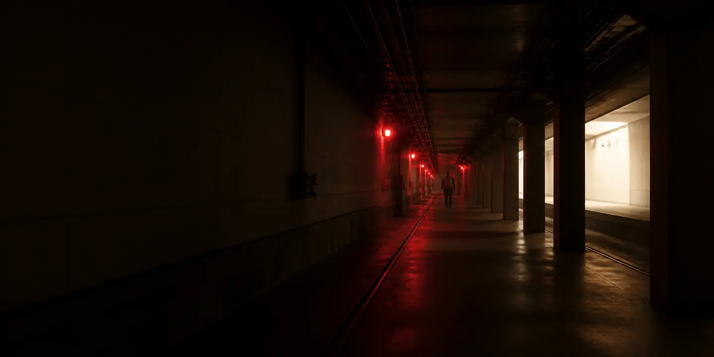 Anonymous worker crossing a red-lit transit service corridor toward a pale platform opening