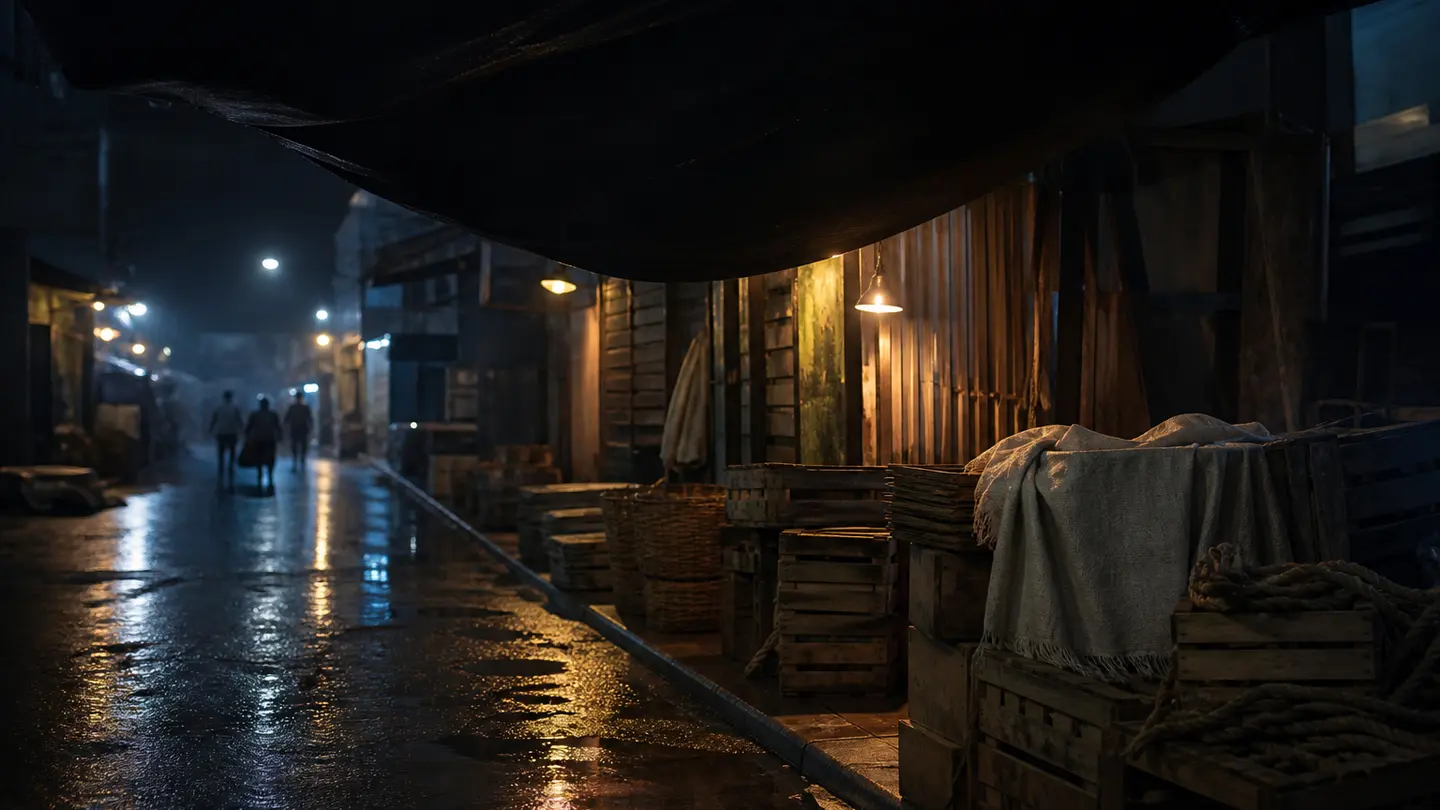 Stacked materials and fabric awnings reflected in a fictional wet evening street