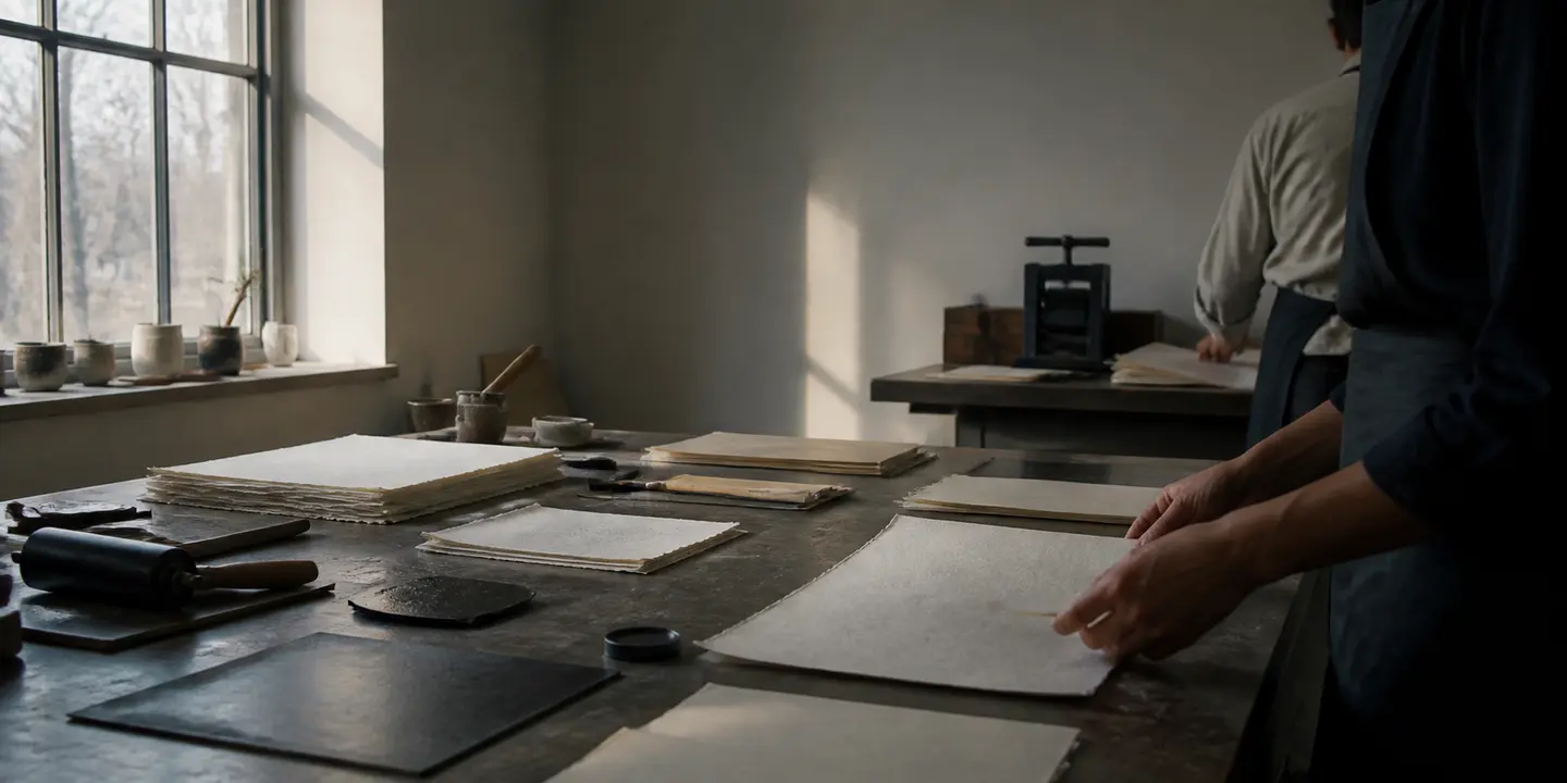 Hands preparing paper and tools on a long print-room table beside a cool north-facing window