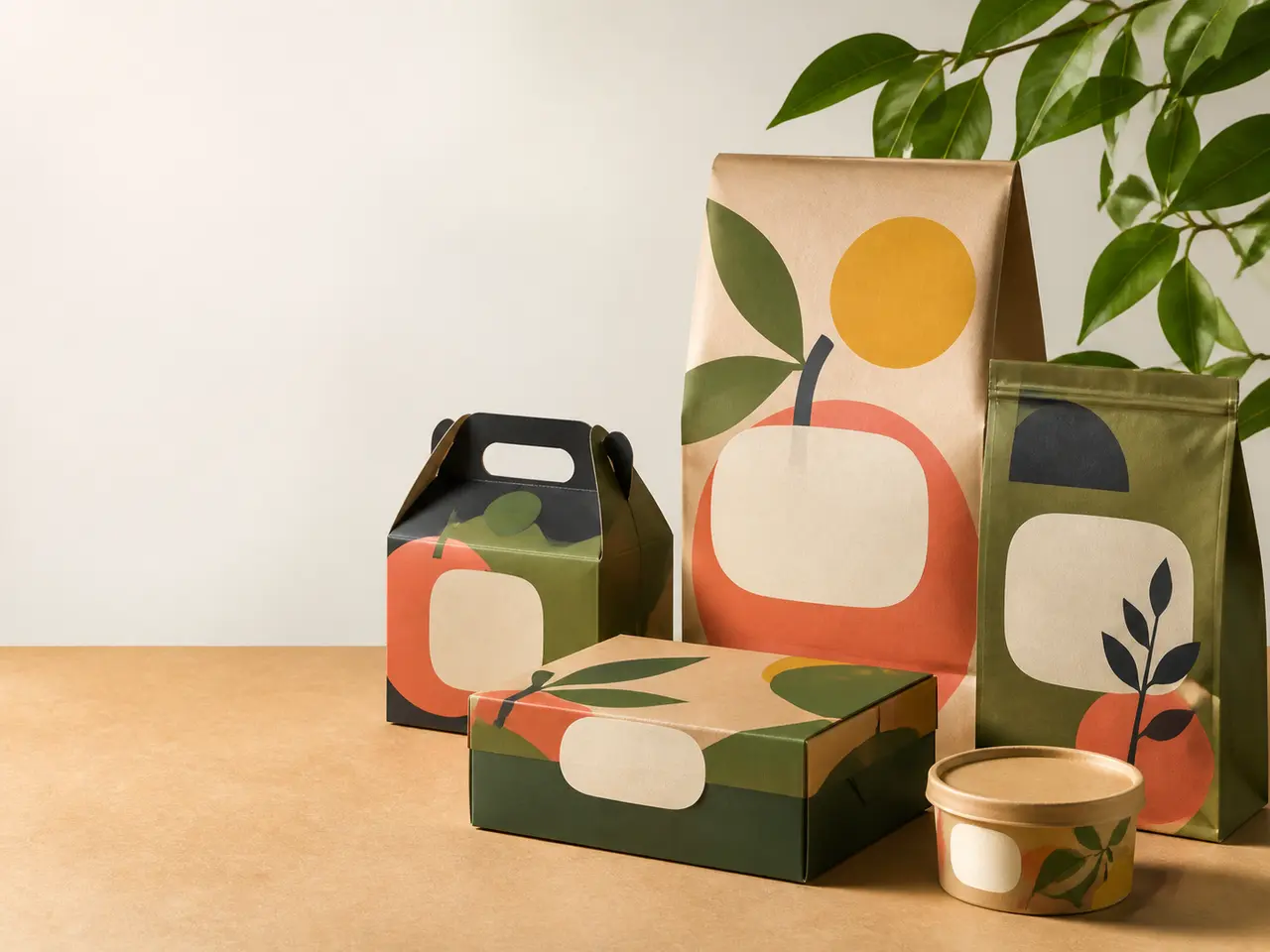 Colorful unbranded fictional packaging arranged as one geometric orchard-inspired system