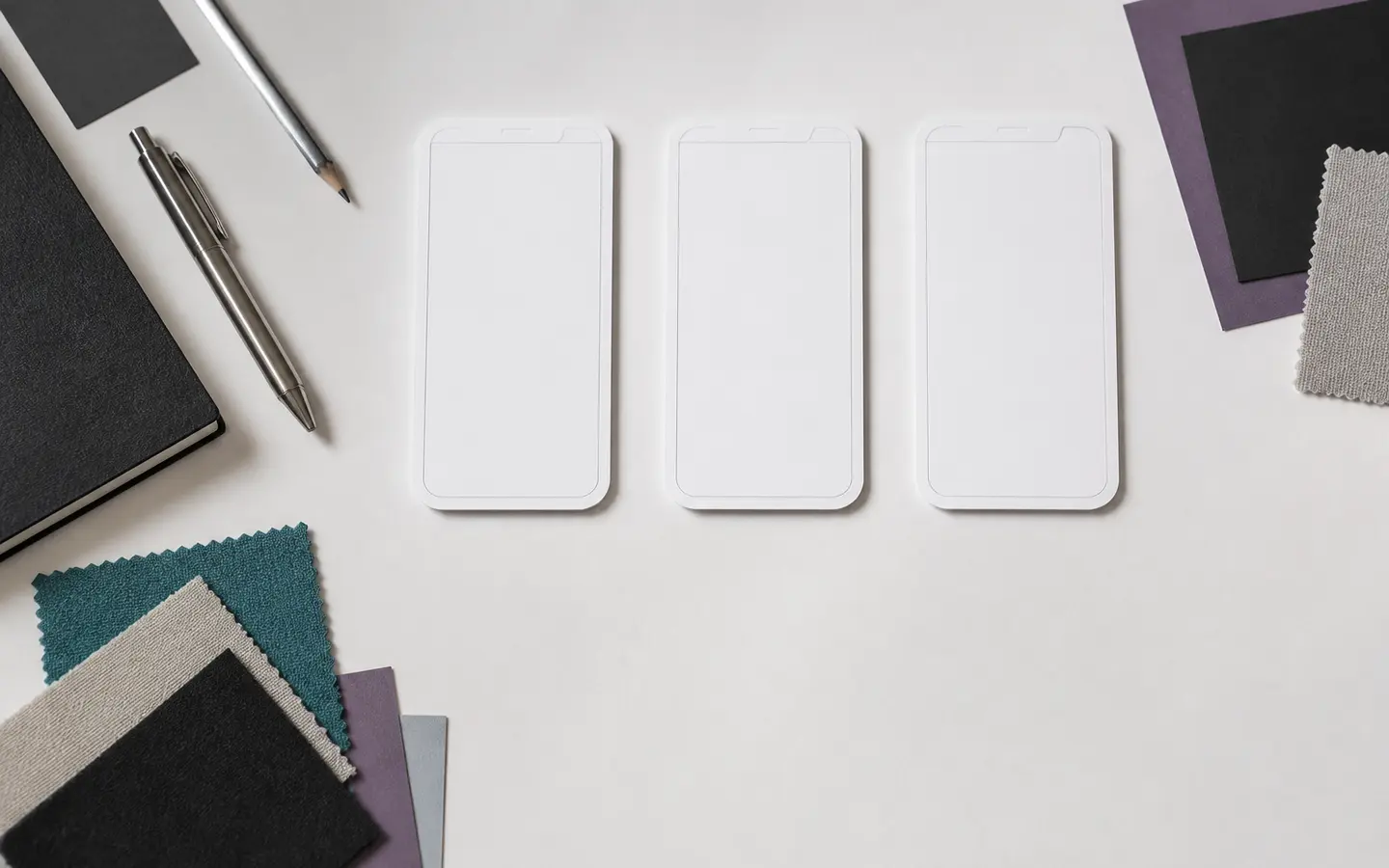 Three blank paper phone frames arranged as a fictional account-recovery prototype flow