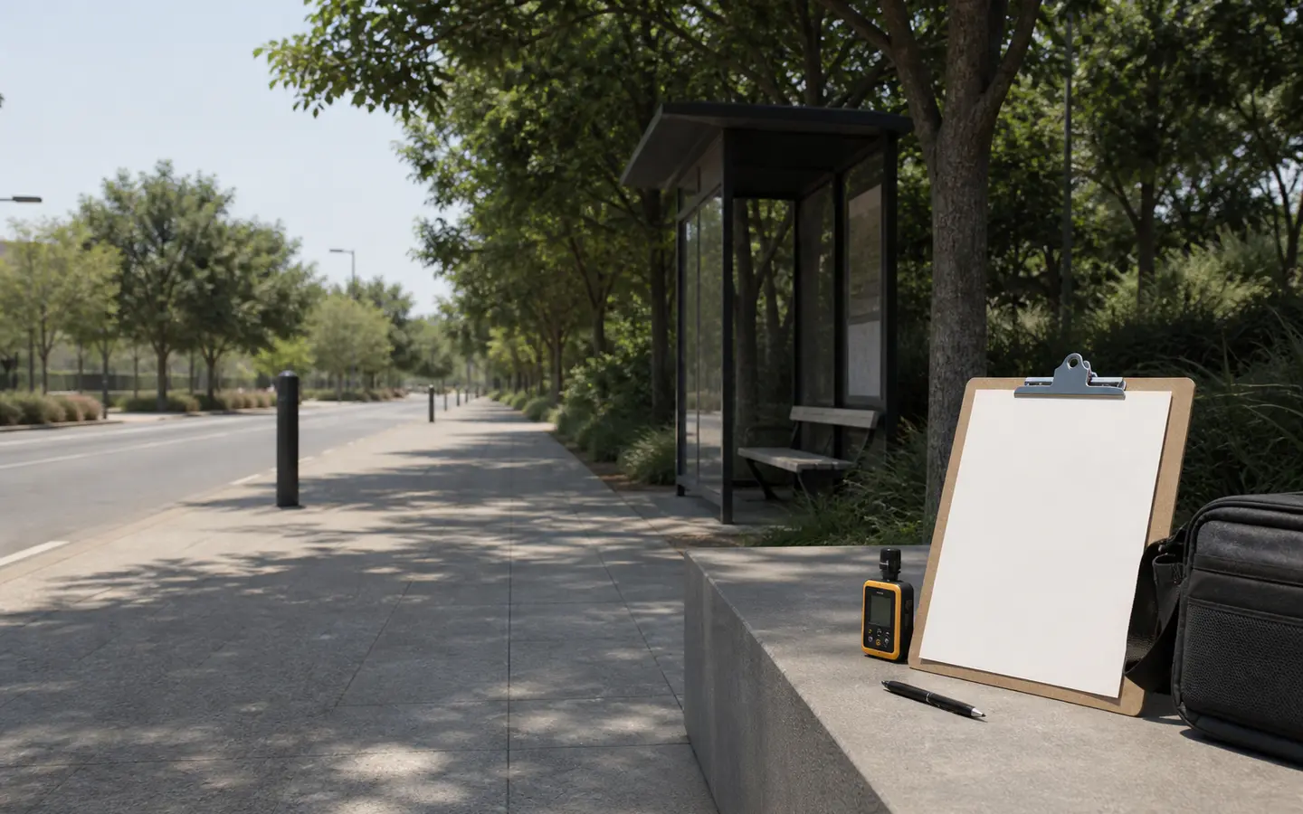 Unbranded observation tools beside a shaded fictional public walking route