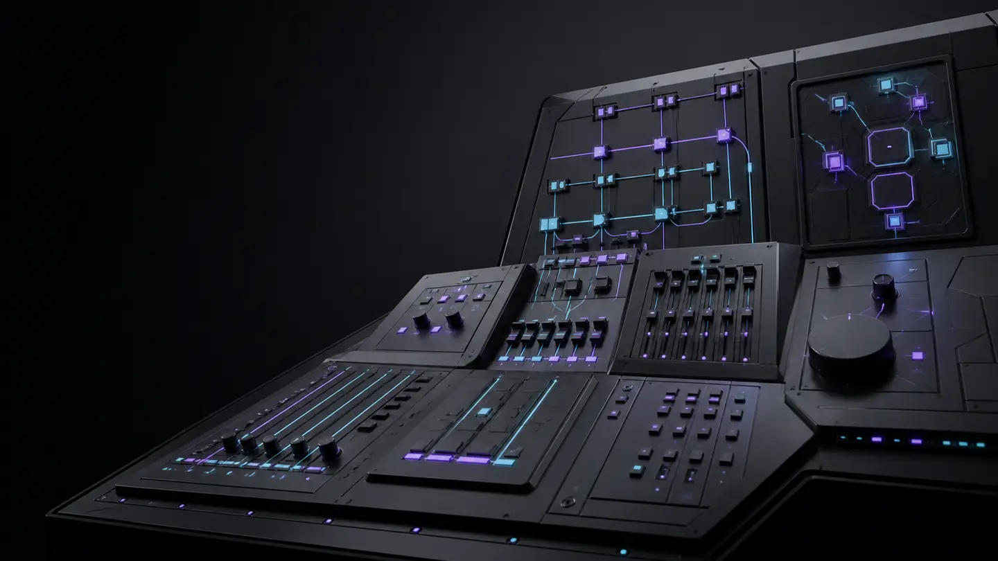 Modular release-status console with violet and cyan signals on a dark graphite surface