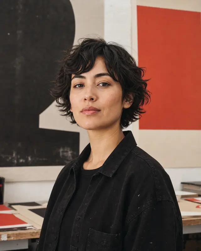 Portrait of Romy Valez in a bold graphic-design print studio.