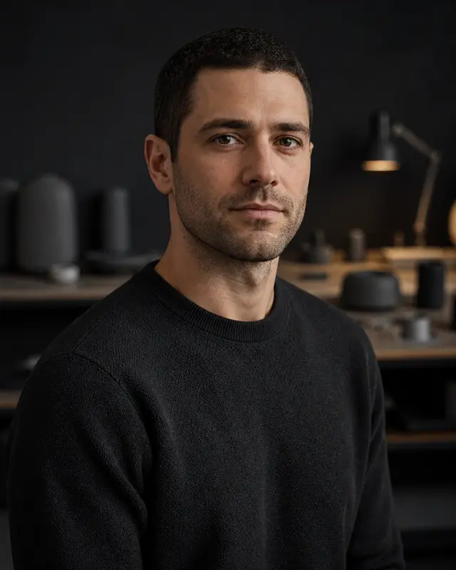 Portrait of Rowan Hale in a dark product-design studio.