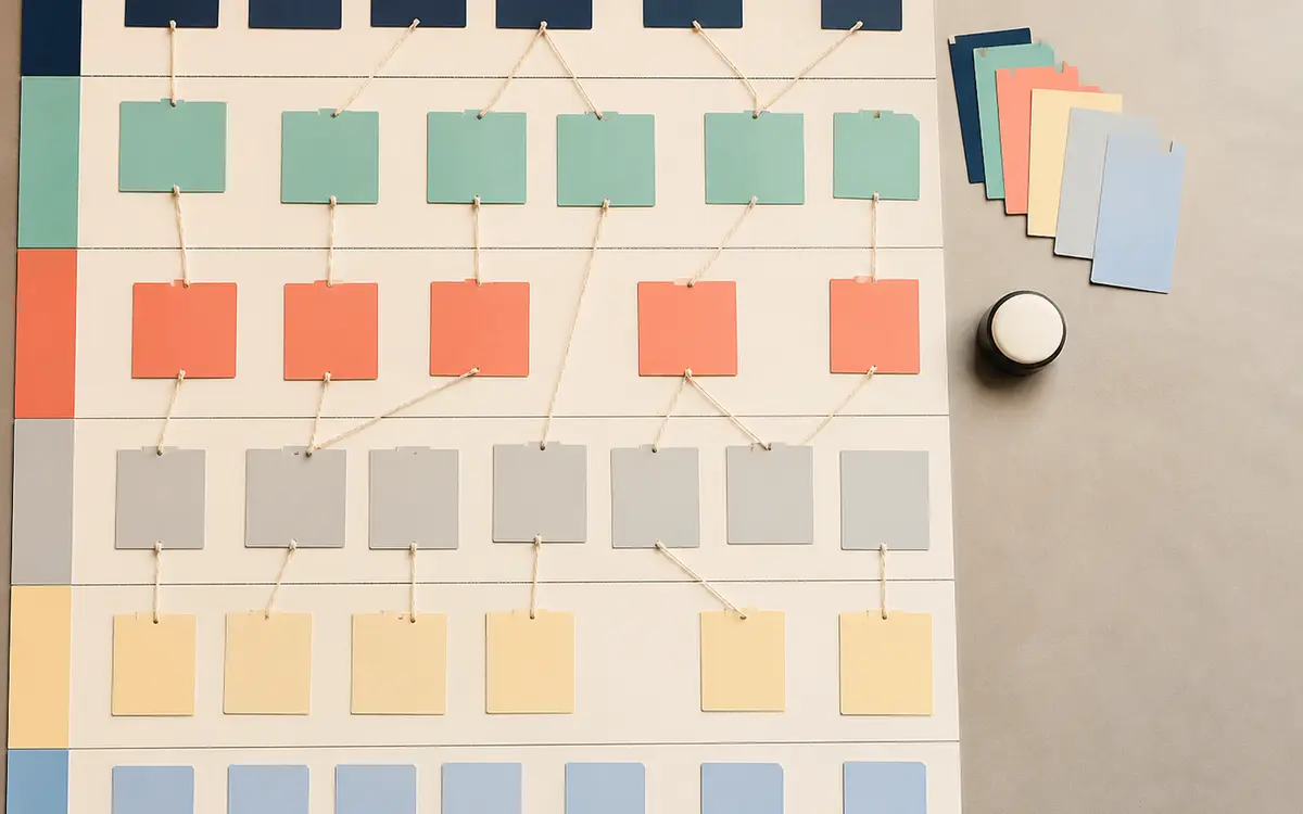 Blank color-coded cards and string arranged as a fictional service-blueprint workshop