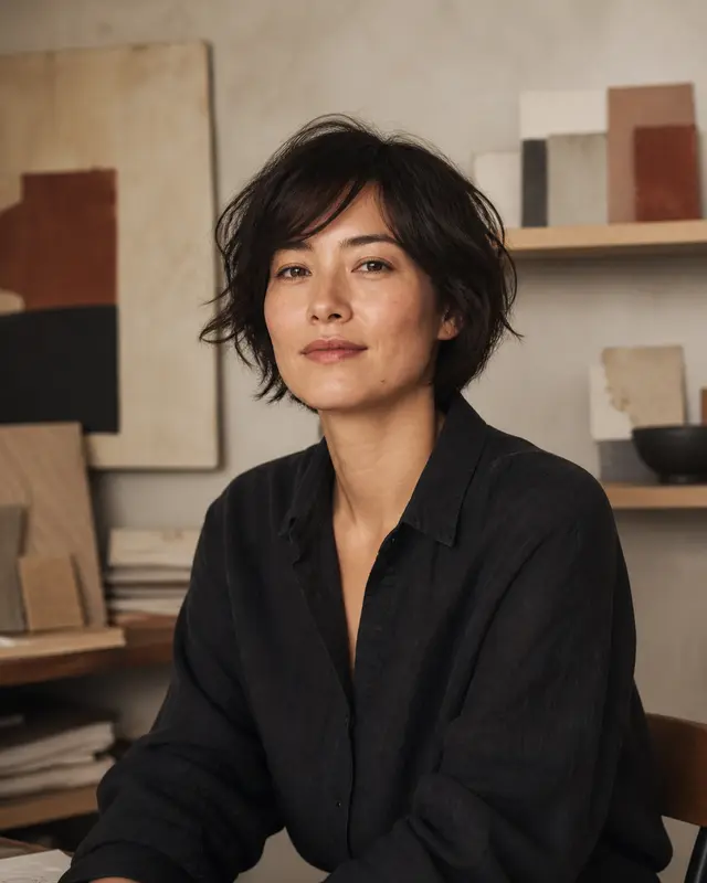 Portrait of Sora Bell in a warm editorial design studio.