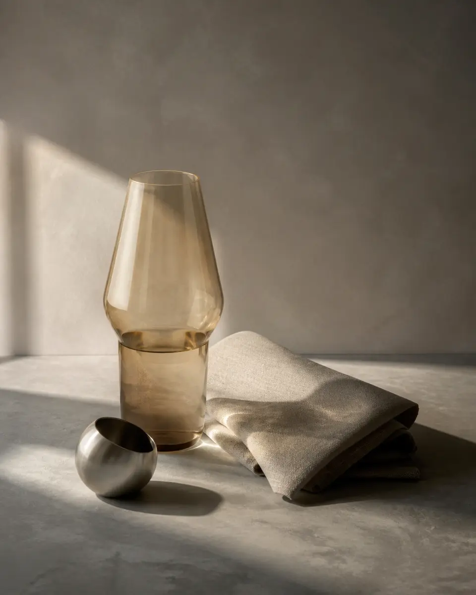 Translucent vessel, small metal form, and folded fabric arranged under directional studio light