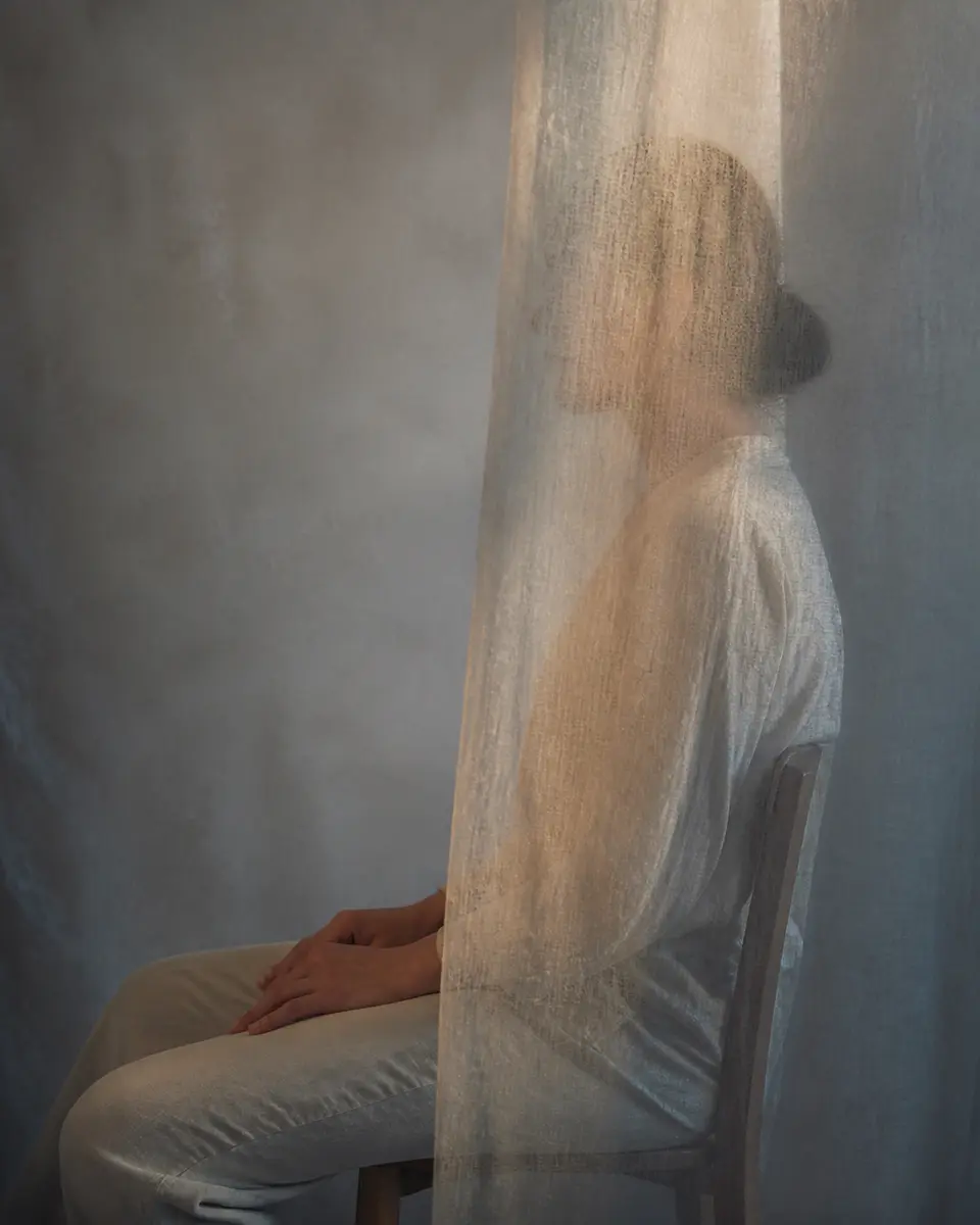 Seated profile portrait partly screened by translucent fabric in soft studio light