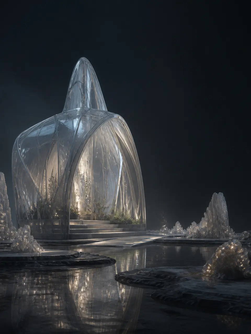 Translucent pavilion rising from shallow water in a dark synthetic garden environment