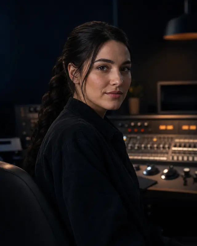 Portrait of Talia Venn in a low-key motion-editing studio.