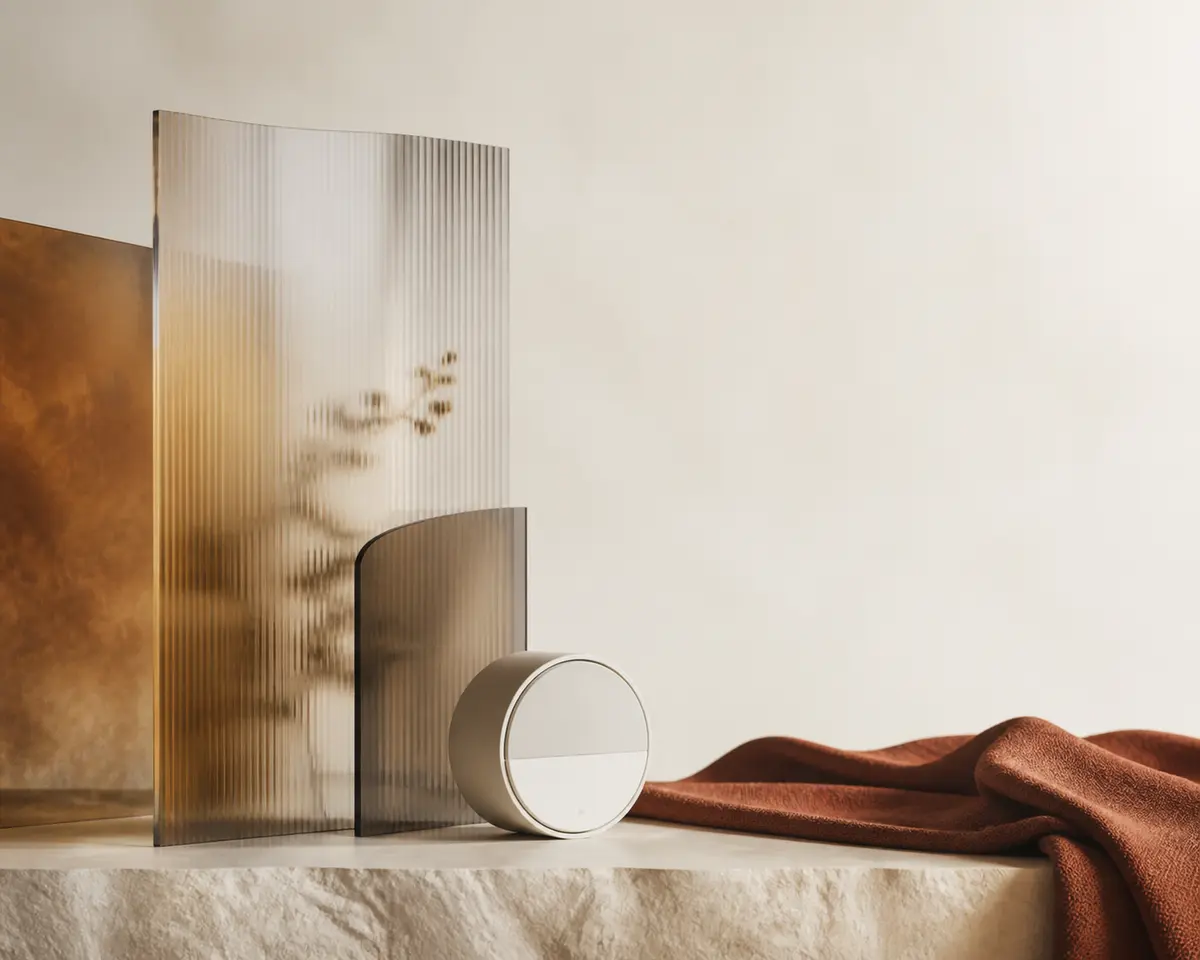 Translucent panels and an unbranded meter-like object arranged in a warm editorial still life