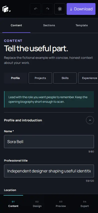 Mobile builder content workspace with local save status and reachable controls
