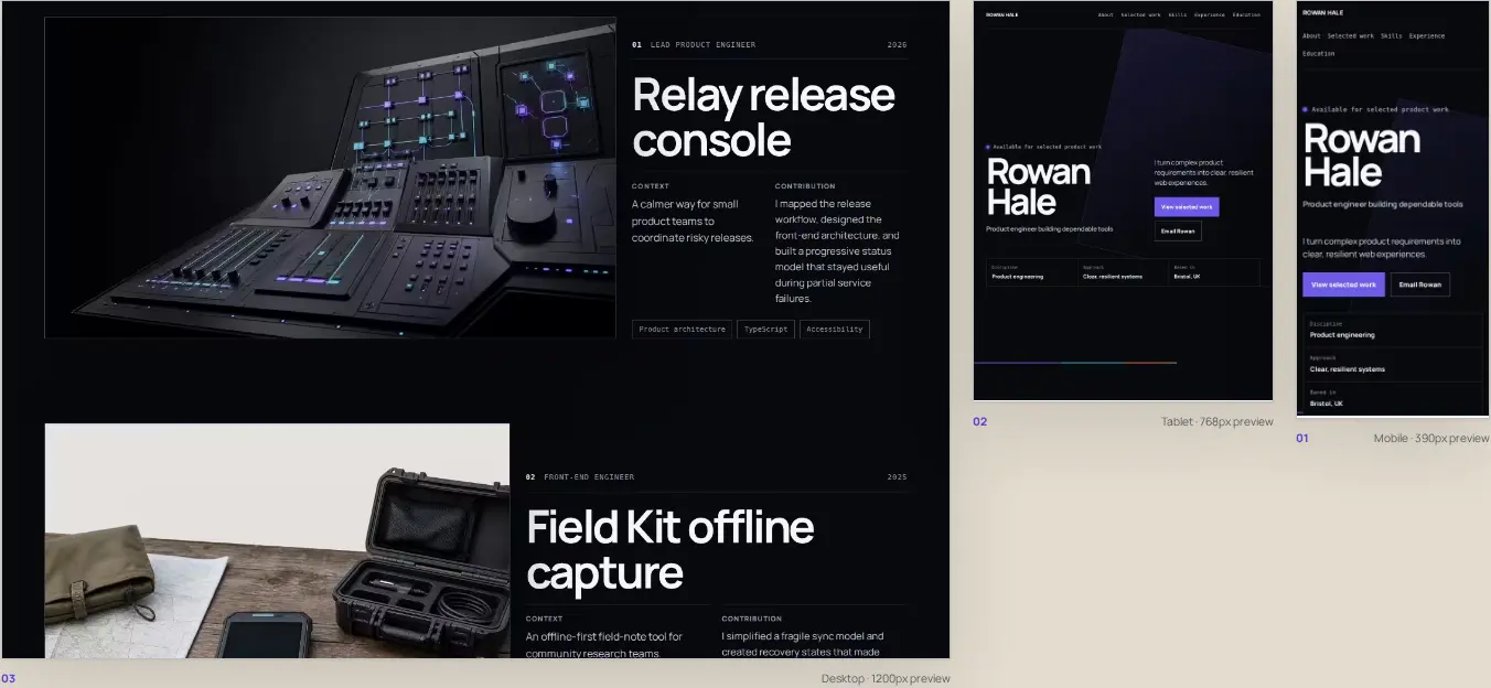 Real Signal portfolio output shown together at the canonical desktop, tablet, and mobile preview widths