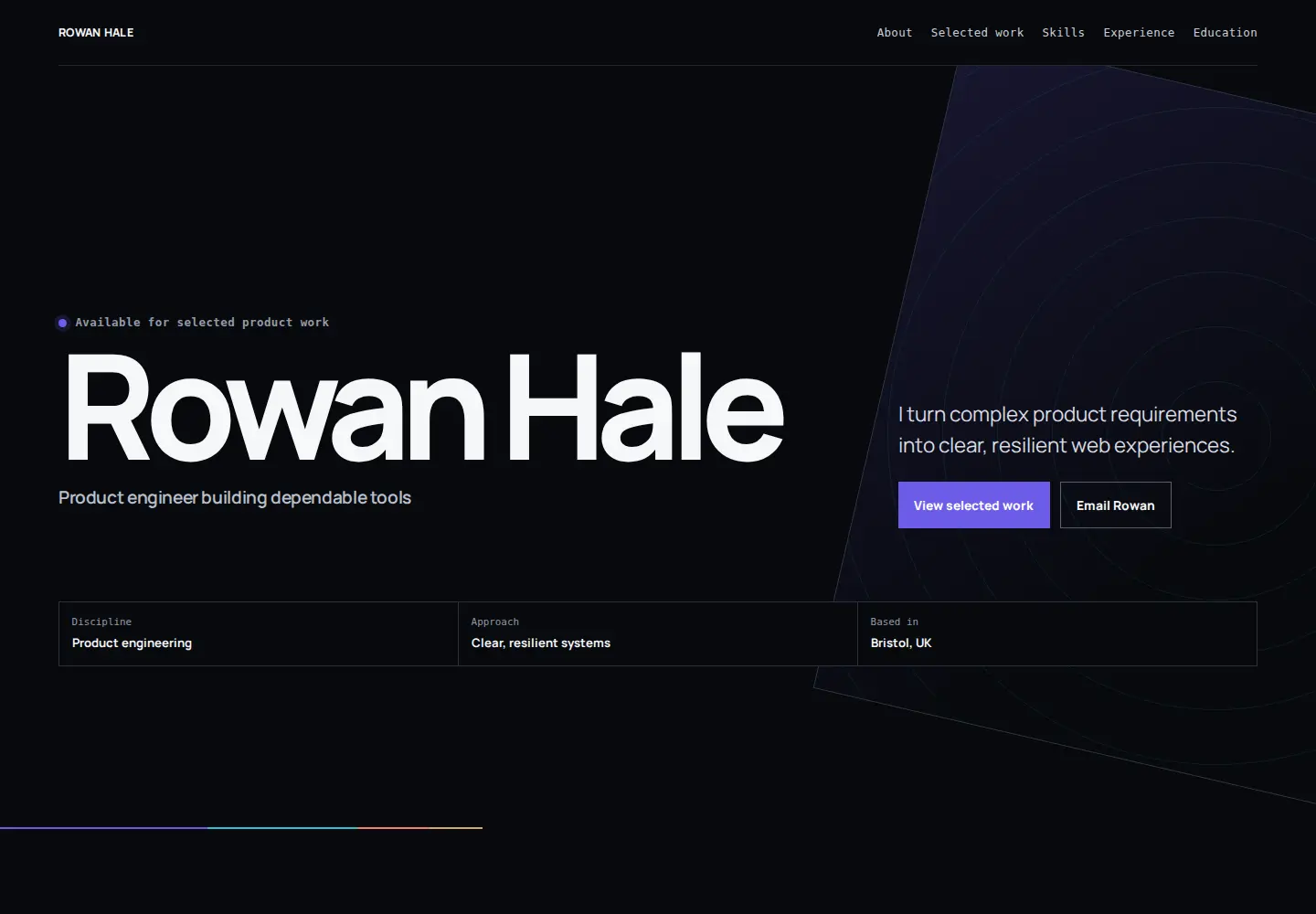 Signal portfolio for fictional product engineer Rowan Hale