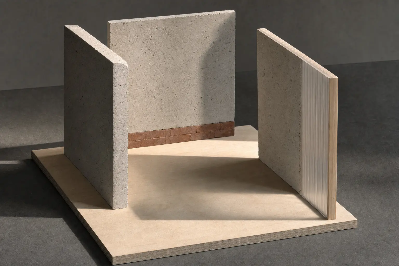 Freestanding pale planes with a narrow rust-colored threshold in warm light.