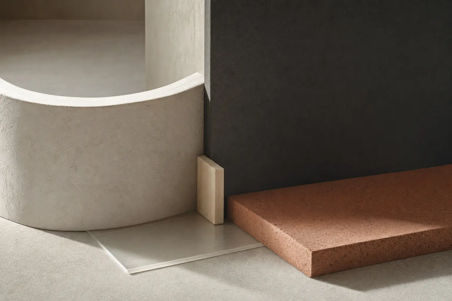 Curved dark wall, translucent band, and earthen bench-like plane.