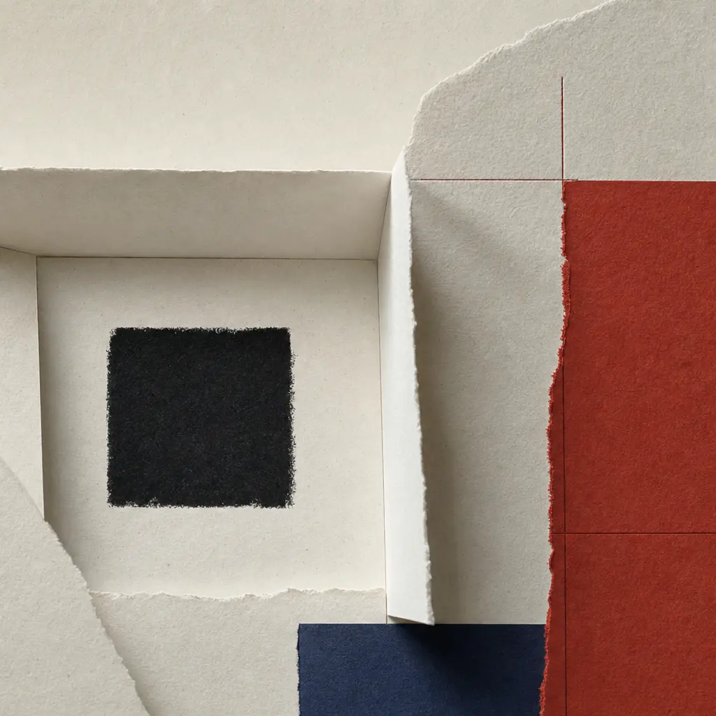 Folded ivory paper frame surrounding a black square beside a red field. Square crop.