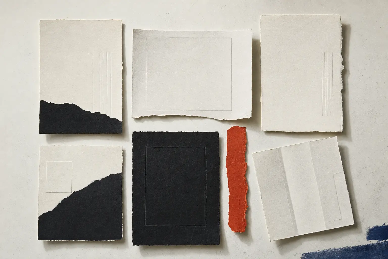 Grid of torn ivory and black paper forms with a narrow red accent.