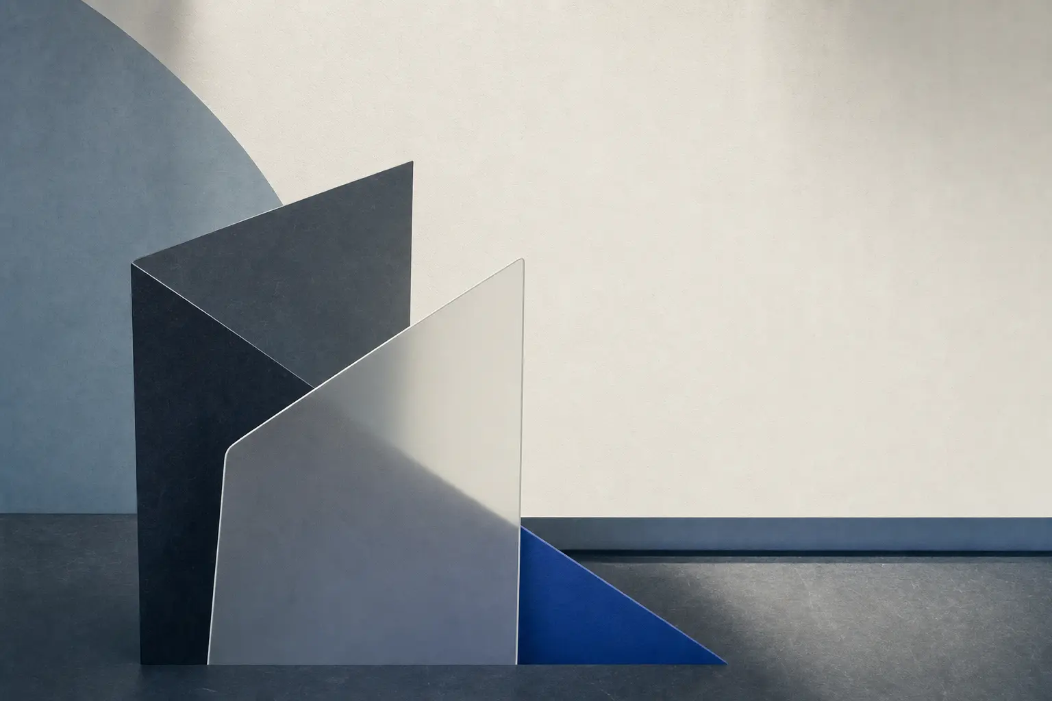 Two upright slate-colored planes crossing against a warm neutral background.