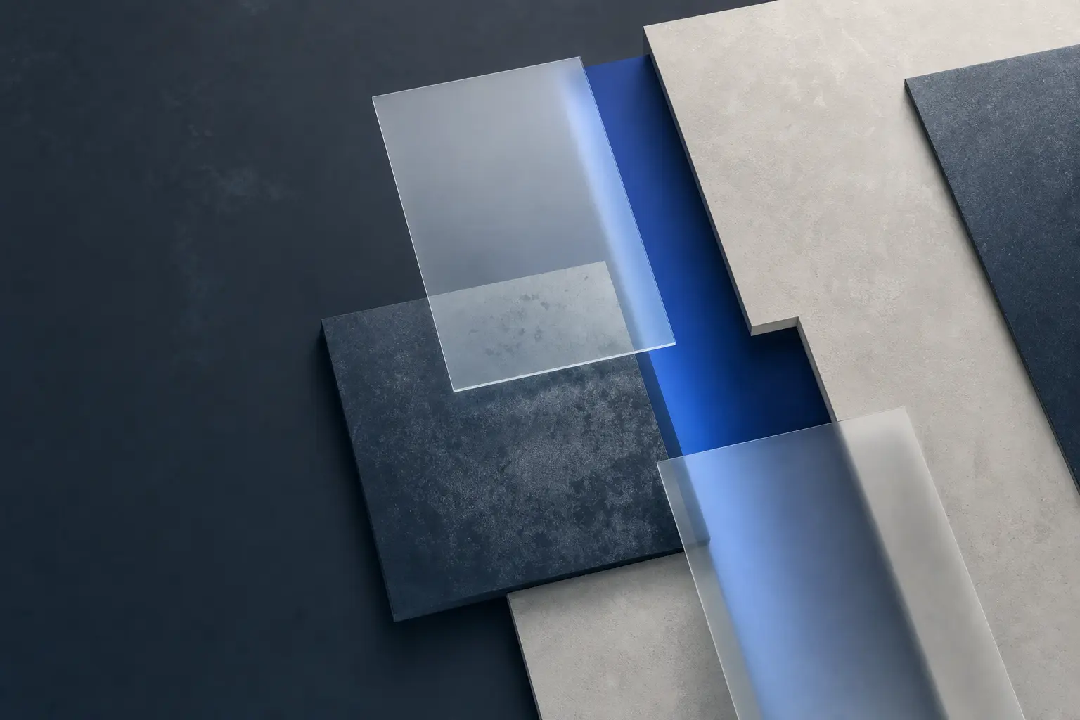 Overlapping dark and translucent panels cut by a luminous blue vertical channel.