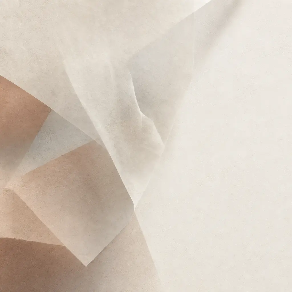 Translucent ivory veils layered over pale peach geometry.